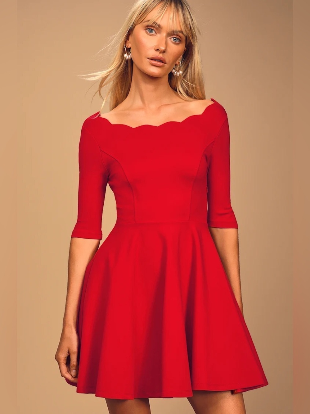 EUC Lulus Scalloped Fit and Flare Red Mini Dress size small